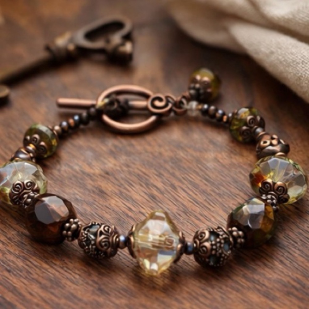 Vintage Glass Crystal Beaded Bracelet Boho Copper Toggle